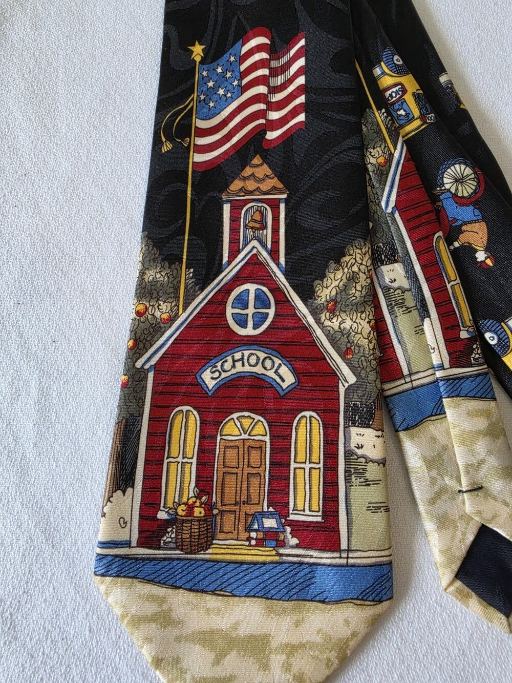 Vintage Steven Harris Teacher School Necktie Hand Made Bus American Flag 1990s